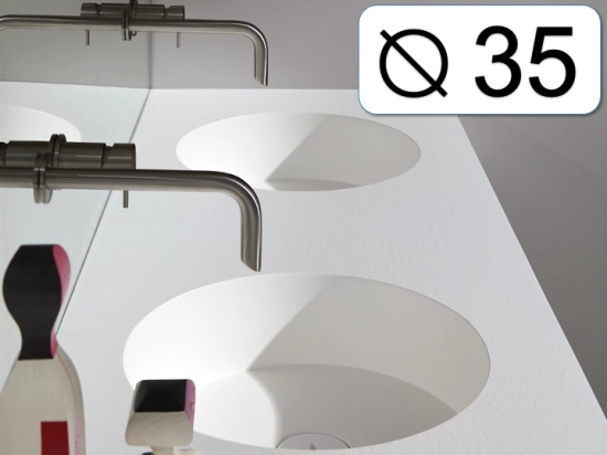 Plan vasque lavabo circulaire ⦰ 35 cm sur mesure Largeur 100 à 201 x P 40 à 51 cm Finition lisse 10 couleurs au choix, Anti bactérien Résine Akrytan® dans la masse Livraison Offerte.